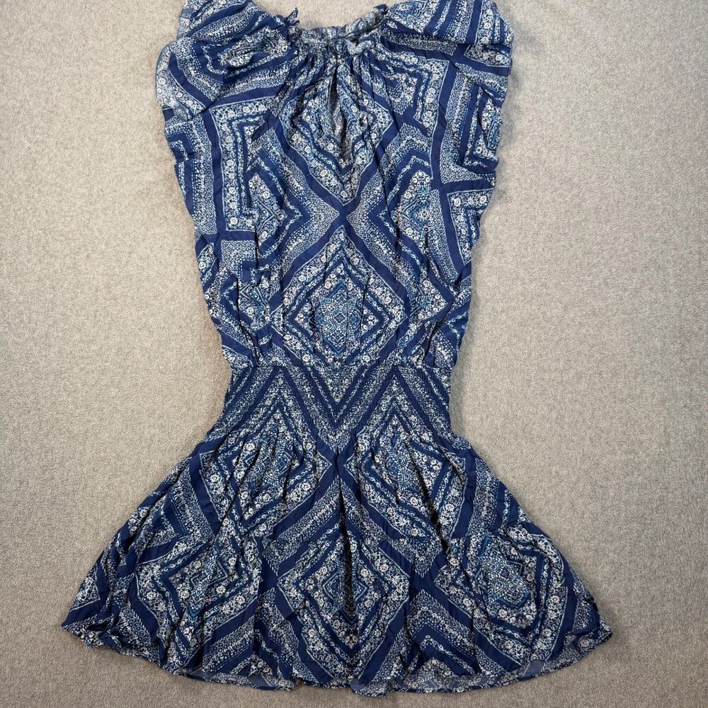 Lini Women's X-Small Blue White Print Smocked Waist Dress Keyhole Ruffle Neck